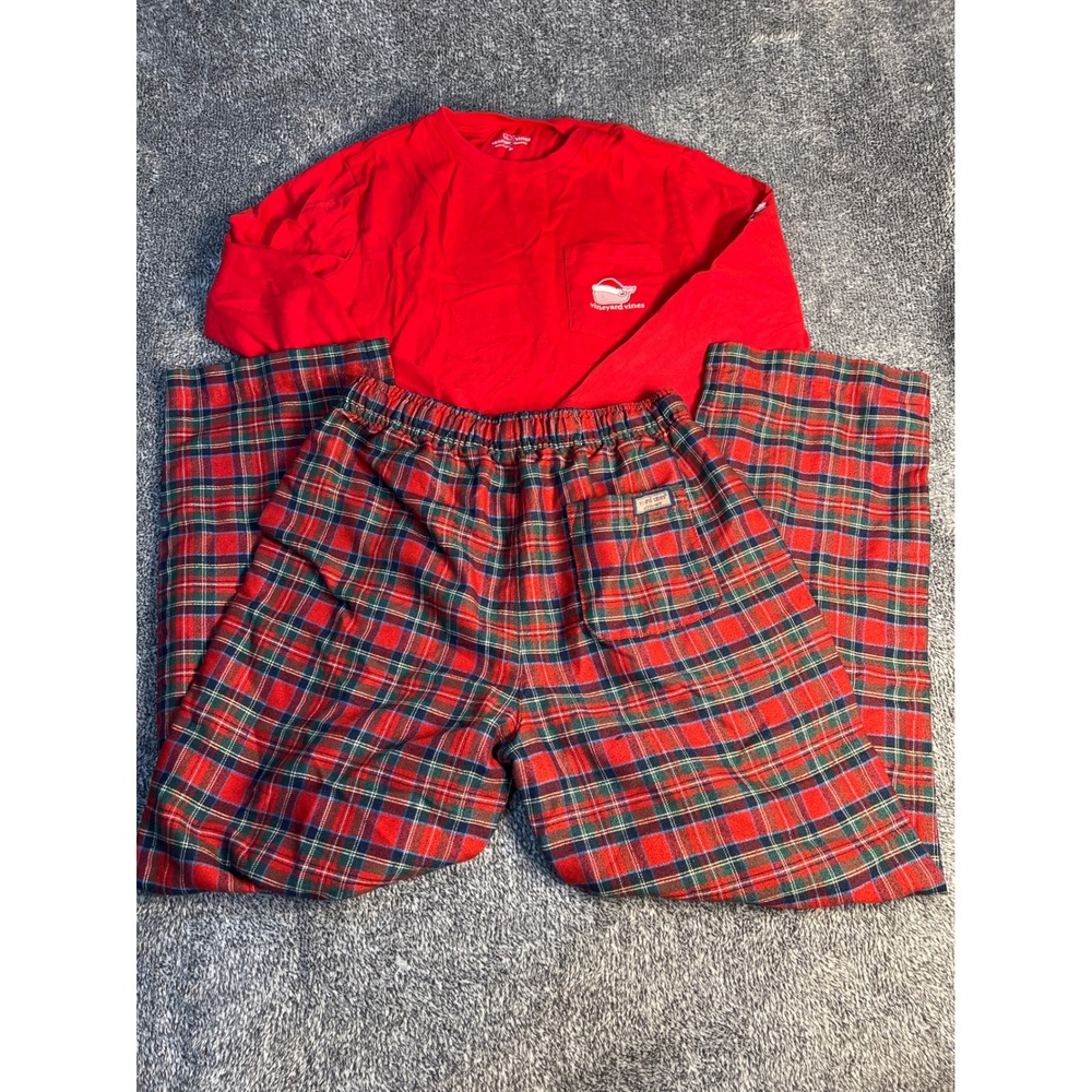 Vineyard Vines Kids Red Plaid Christmas Pajama Set Santa Whale Shirt Pants L 16